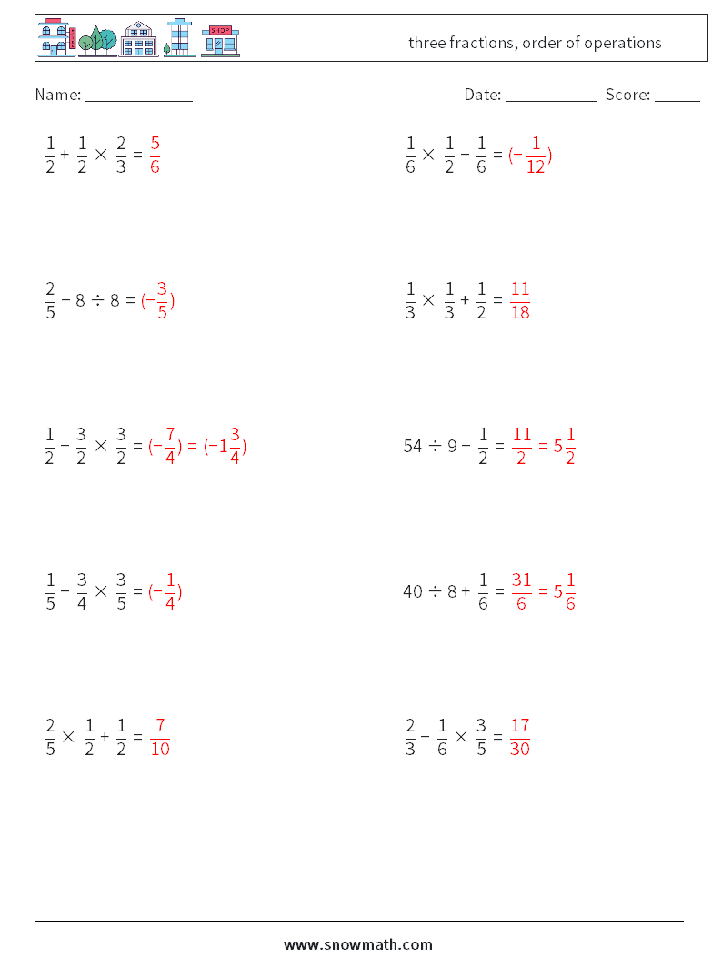 three fractions, order of operations Math Worksheets 4 Question, Answer