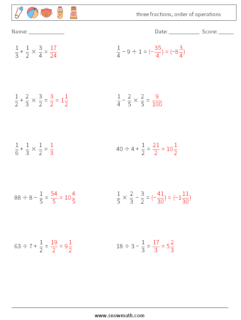 three fractions, order of operations Math Worksheets 5 Question, Answer