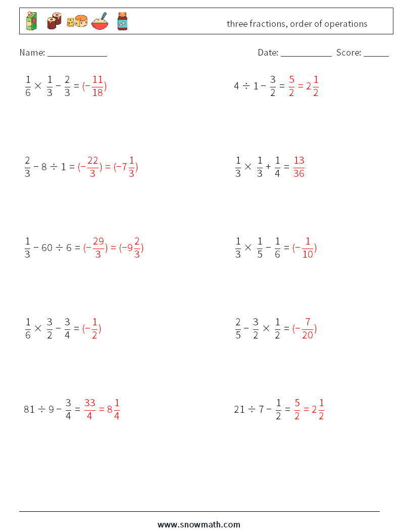three fractions, order of operations Math Worksheets 6 Question, Answer