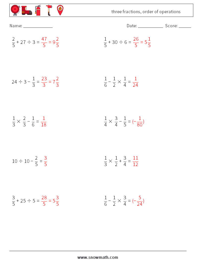 three fractions, order of operations Math Worksheets 7 Question, Answer