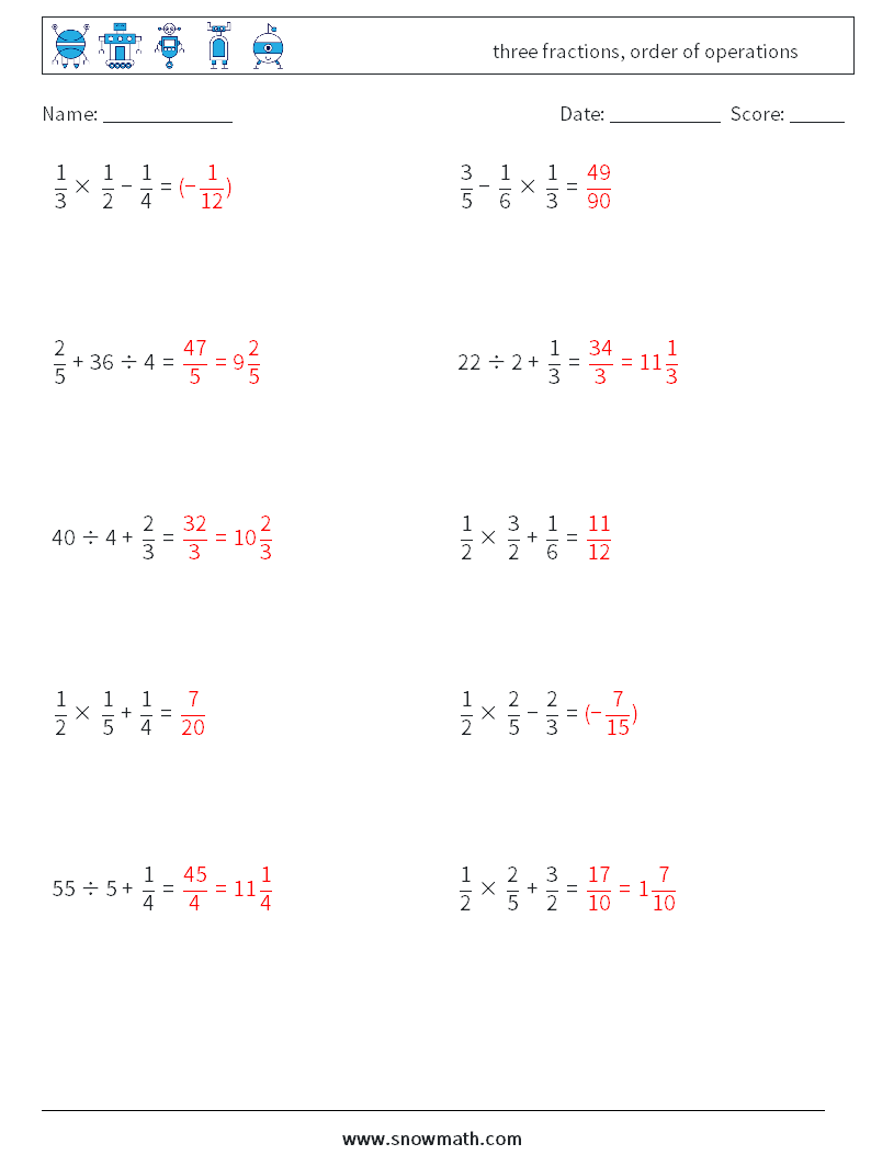 three fractions, order of operations Math Worksheets 9 Question, Answer