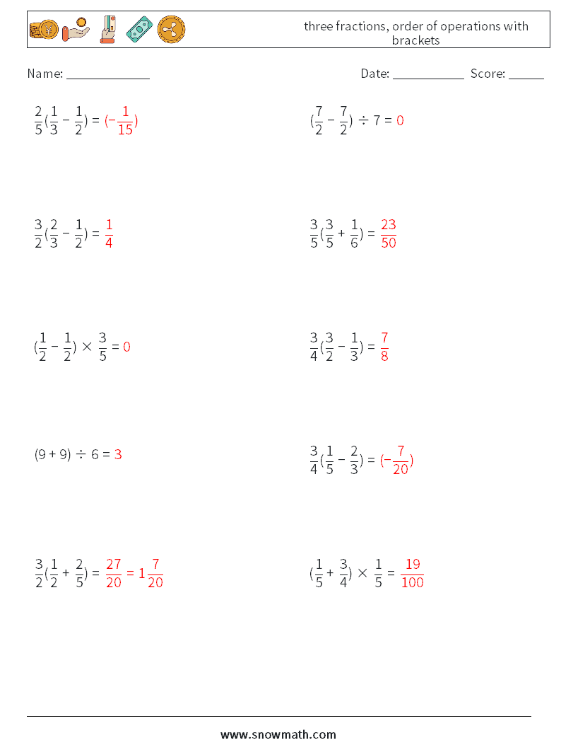 three fractions, order of operations with brackets Math Worksheets 12 Question, Answer