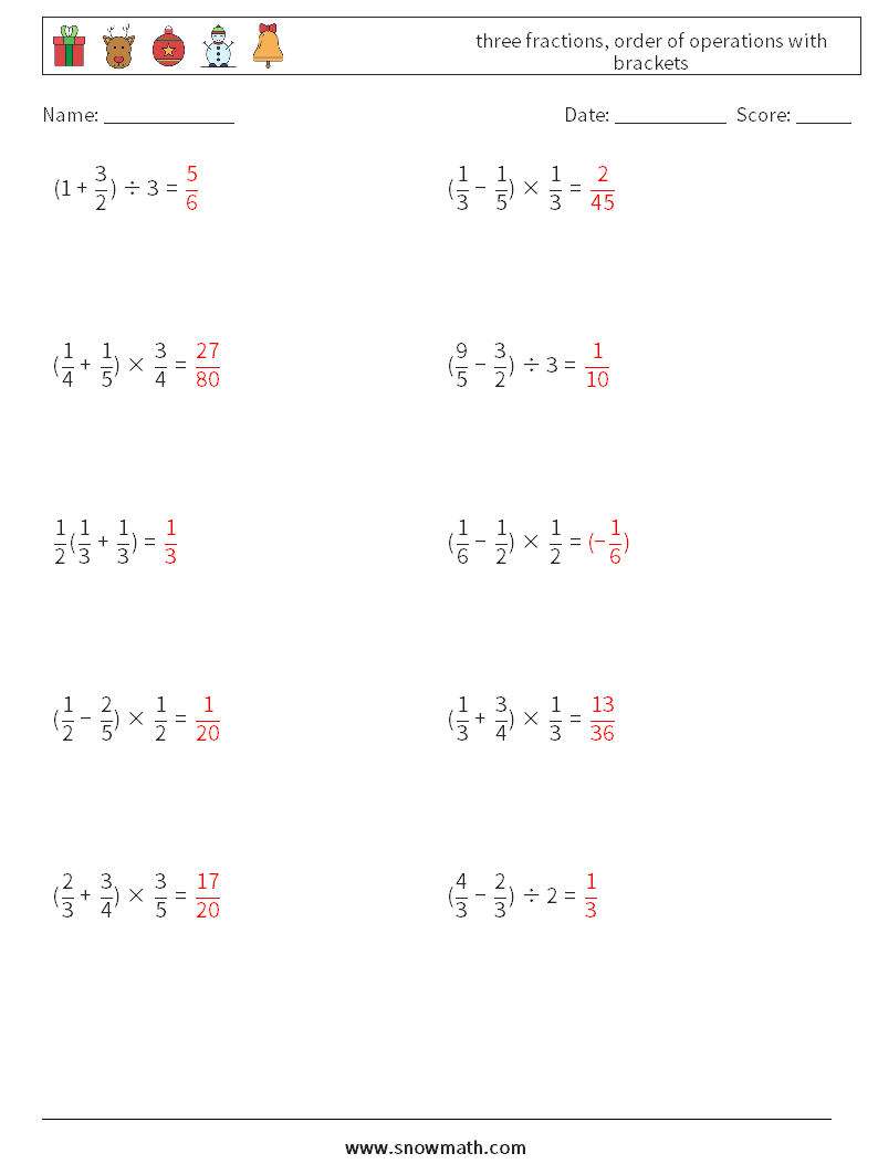 three fractions, order of operations with brackets Math Worksheets 18 Question, Answer