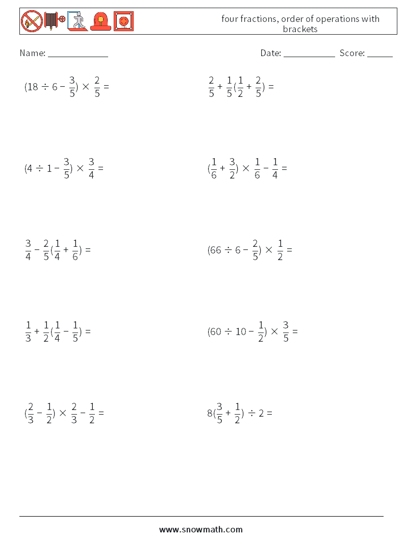 four fractions, order of operations with brackets Math Worksheets 2