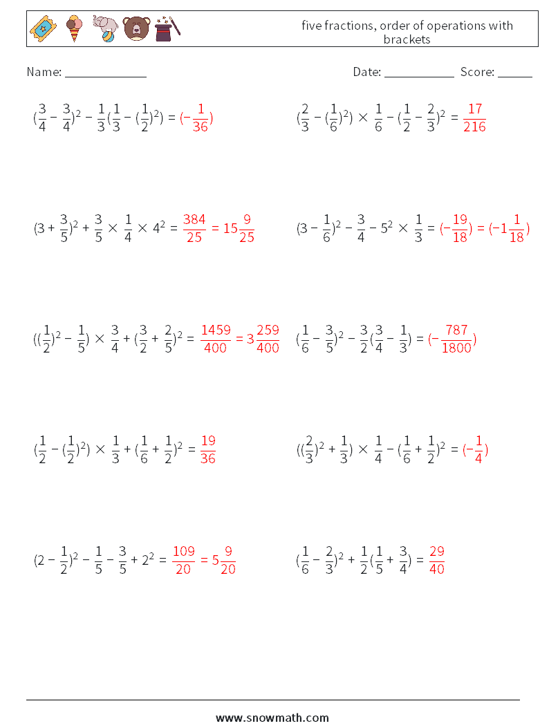 five fractions, order of operations with brackets Math Worksheets 11 Question, Answer