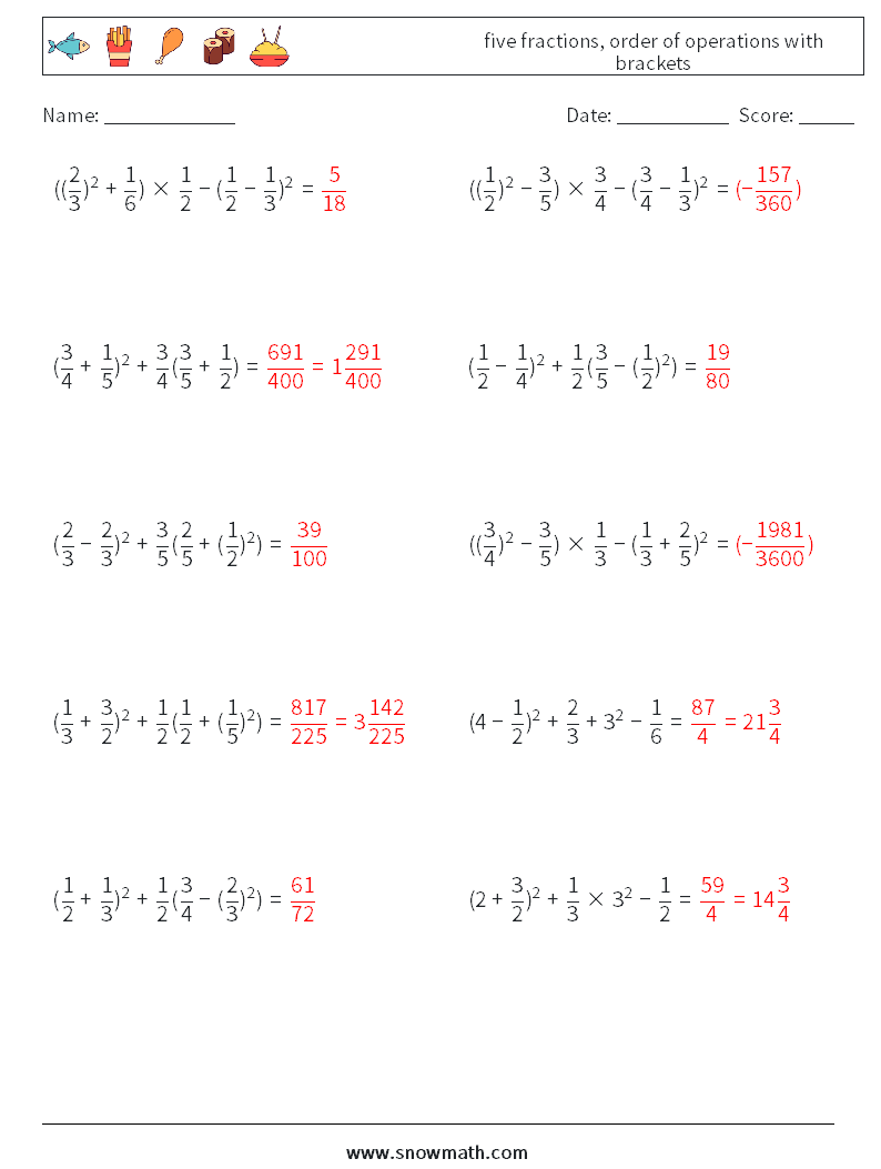 five fractions, order of operations with brackets Math Worksheets 13 Question, Answer