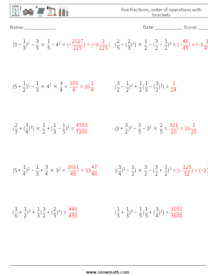 five fractions, order of operations with brackets Math Worksheets 1 Question, Answer