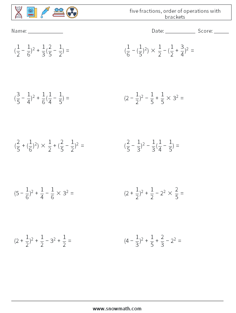 five fractions, order of operations with brackets Math Worksheets 5