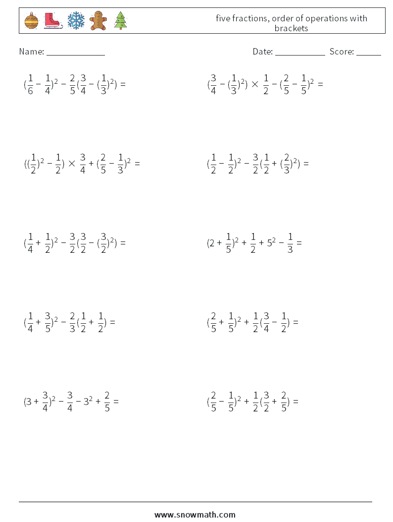 five fractions, order of operations with brackets Maths Worksheets 6