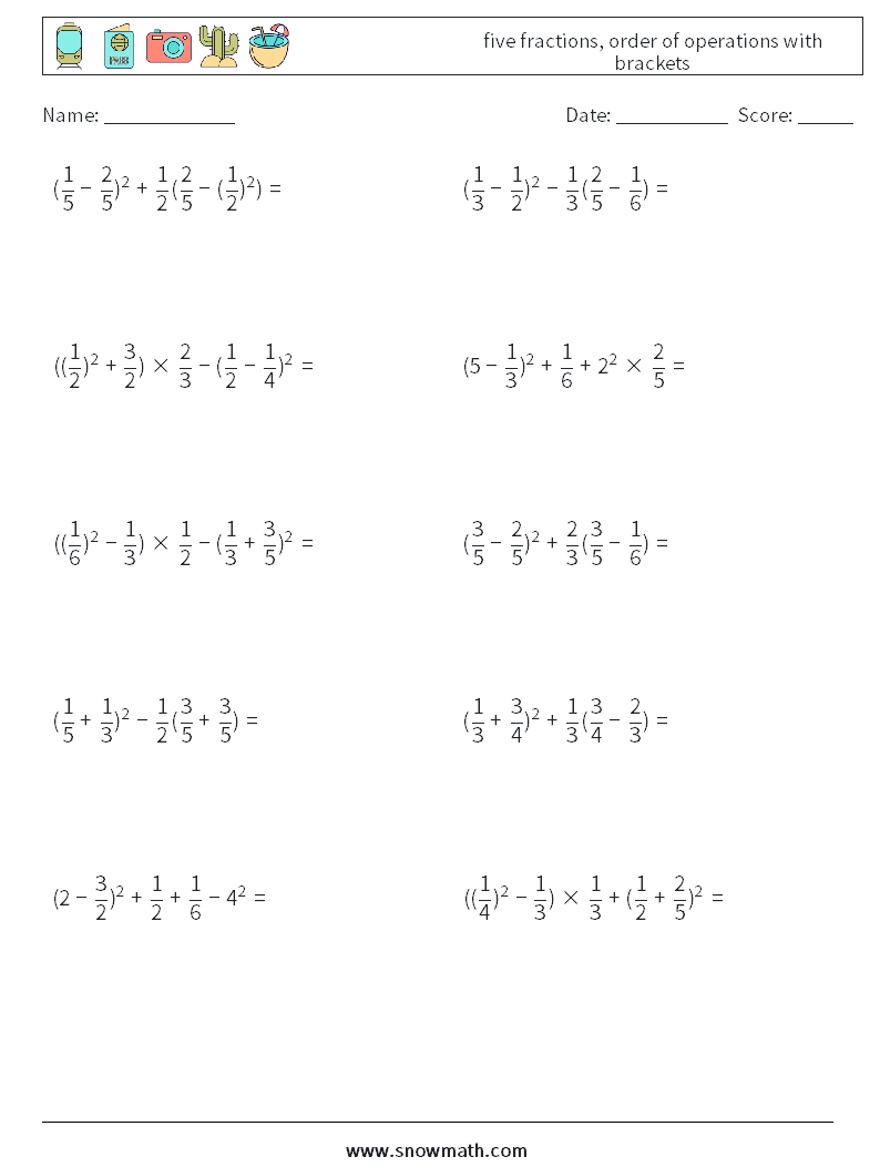 Five Fractions Order Of Operations With Brackets Math Worksheets Math 