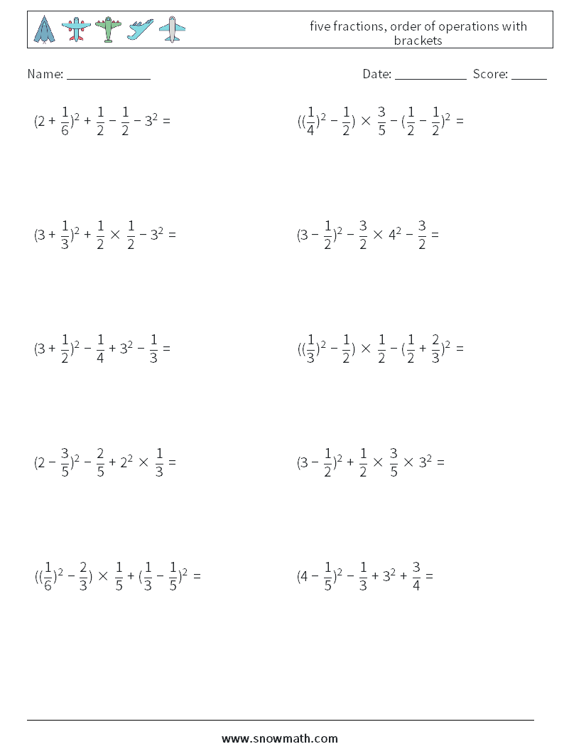 five fractions, order of operations with brackets Math Worksheets 9
