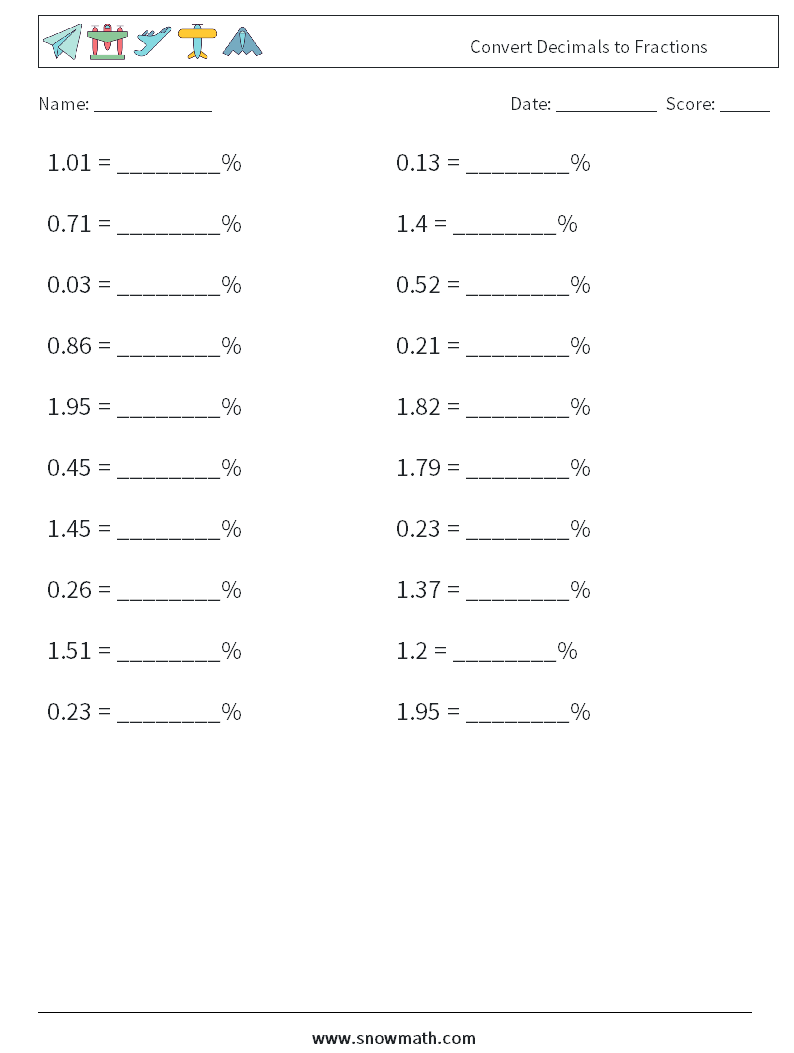 Convert Decimals to Fractions Math Worksheets 9