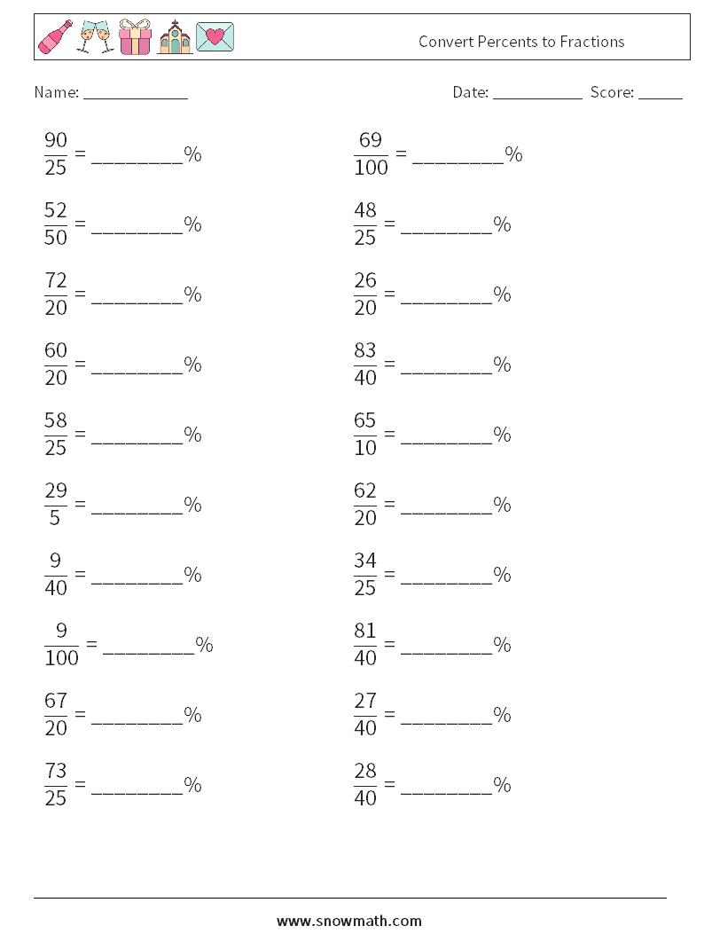Convert Percents to Fractions  Maths Worksheets 2