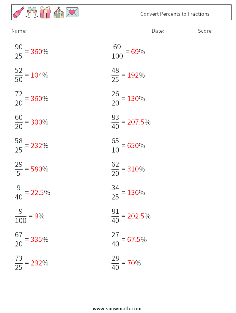 Convert Percents to Fractions  Math Worksheets 2 Question, Answer