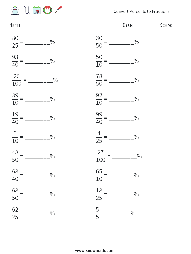 Convert Percents to Fractions  Maths Worksheets 5