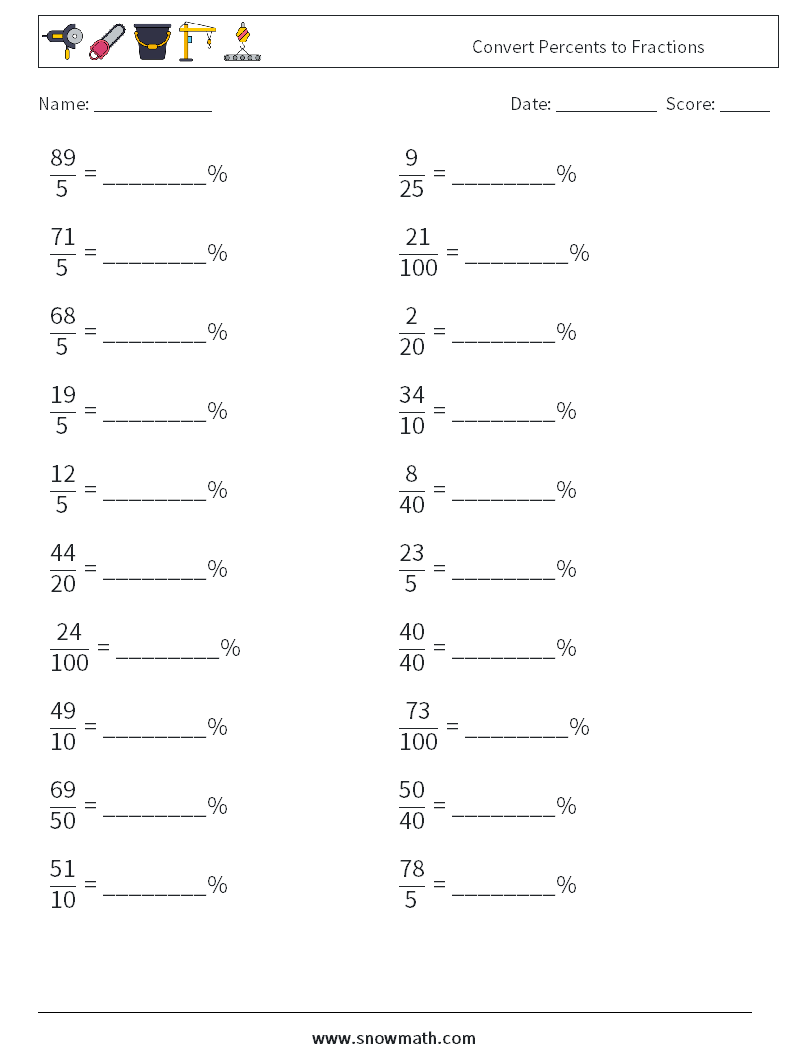 Convert Percents to Fractions  Maths Worksheets 8