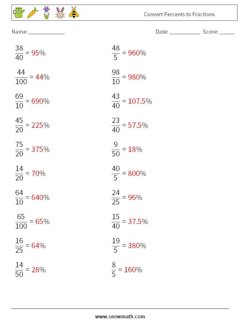 Convert Percents to Fractions  Math Worksheets 9 Question, Answer