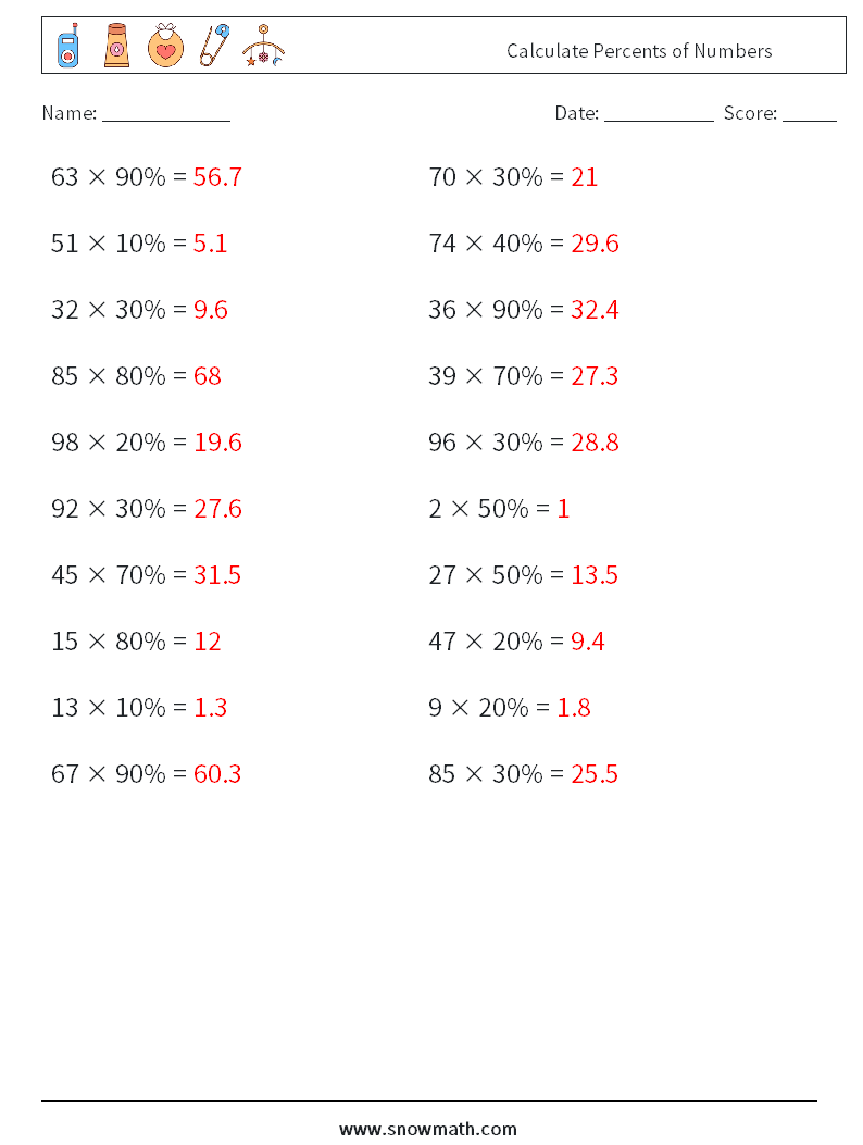 Calculate Percents of Numbers Math Worksheets 1 Question, Answer