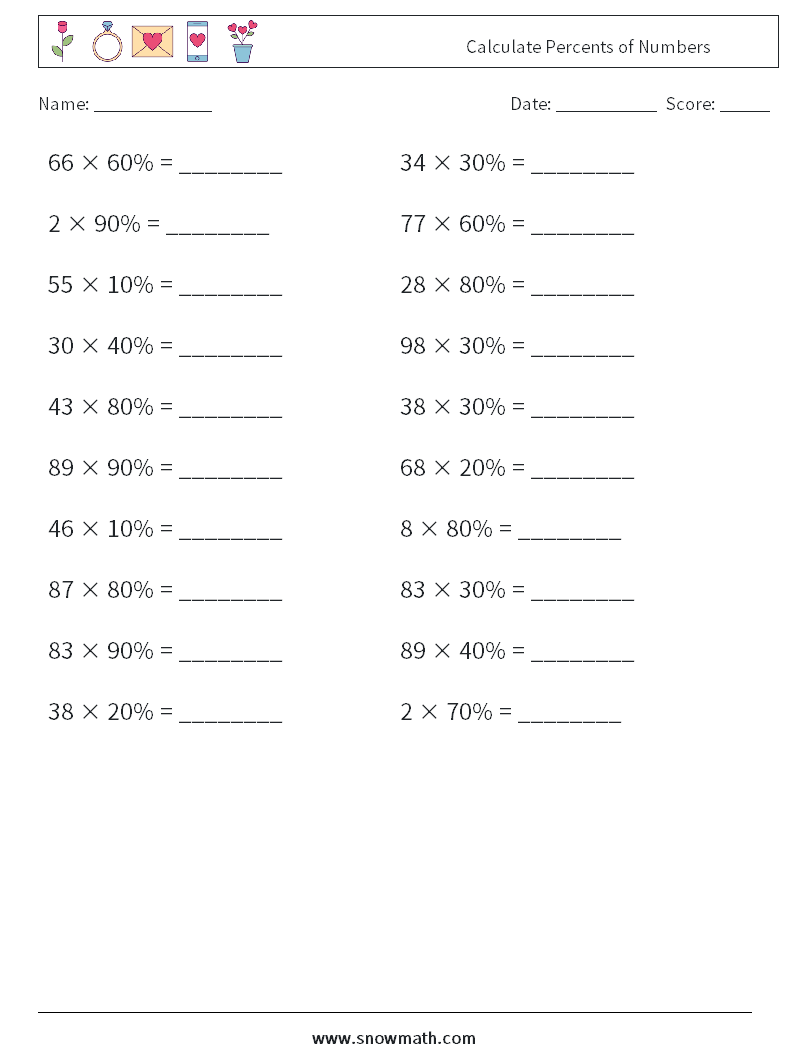 Calculate Percents of Numbers Math Worksheets 2