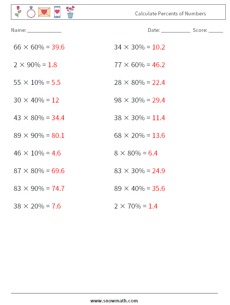 Calculate Percents of Numbers Math Worksheets 2 Question, Answer