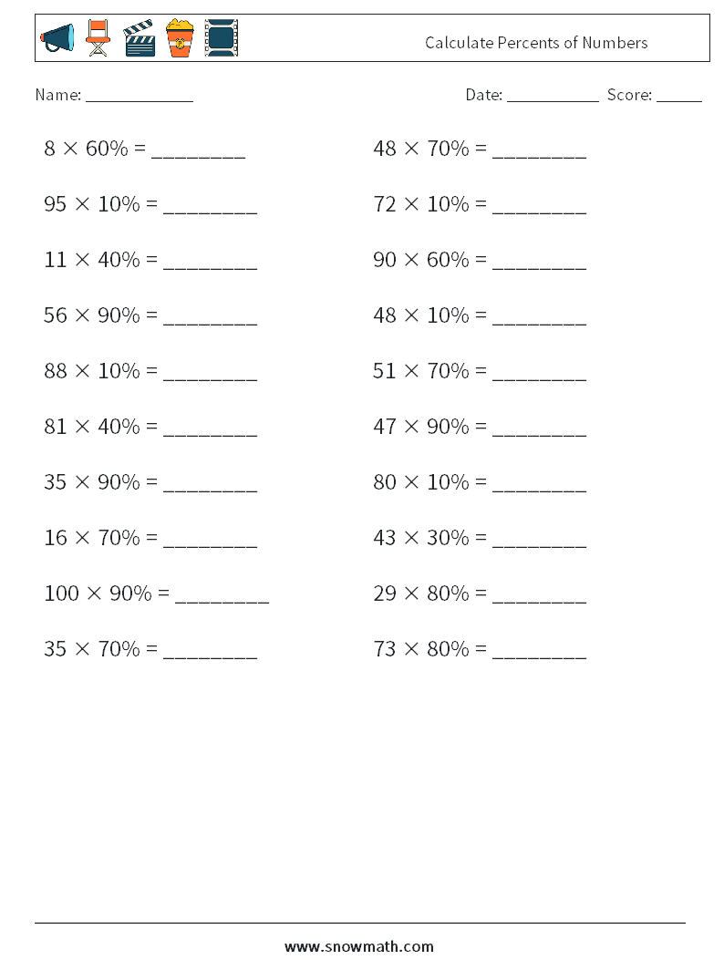 Calculate Percents of Numbers Maths Worksheets 4