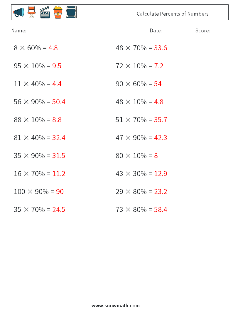 Calculate Percents of Numbers Math Worksheets 4 Question, Answer