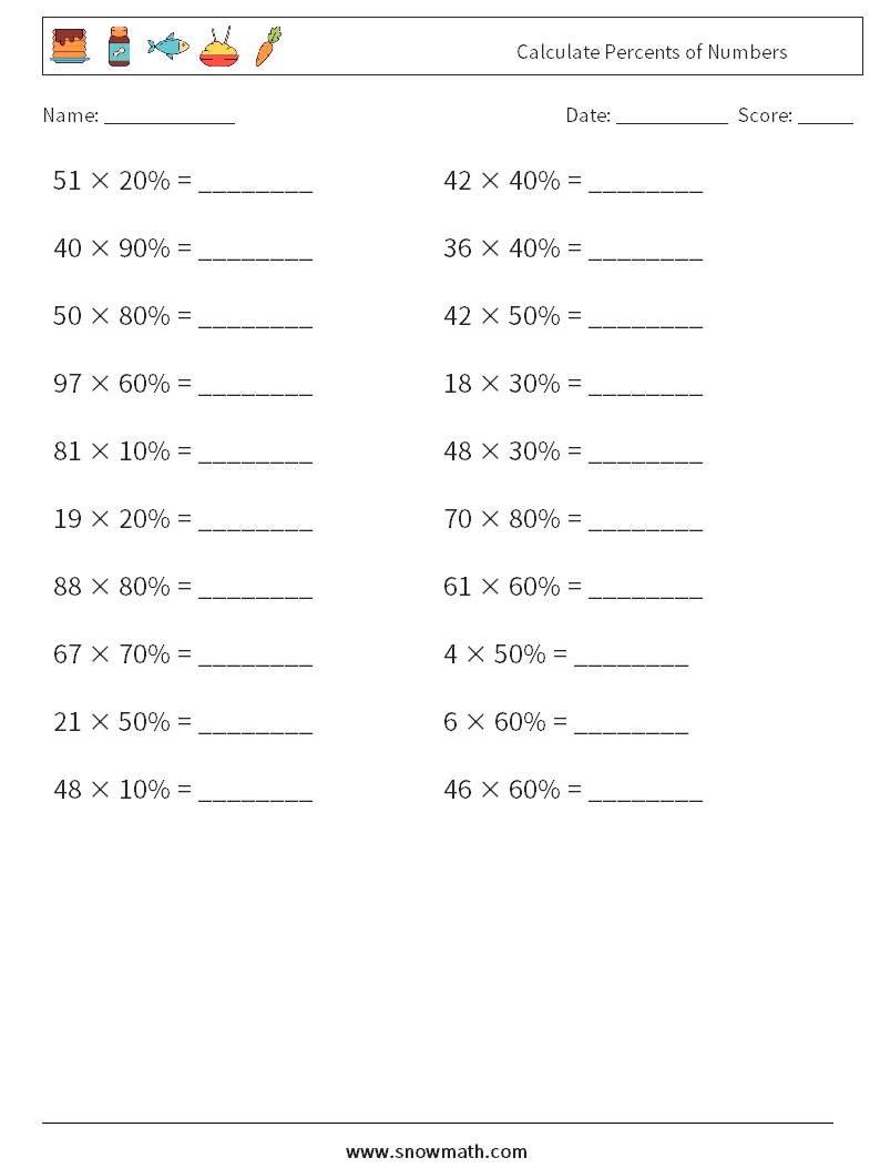 Calculate Percents of Numbers Math Worksheets 5