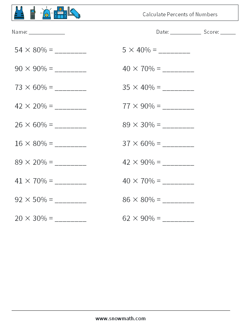 Calculate Percents of Numbers Math Worksheets 6