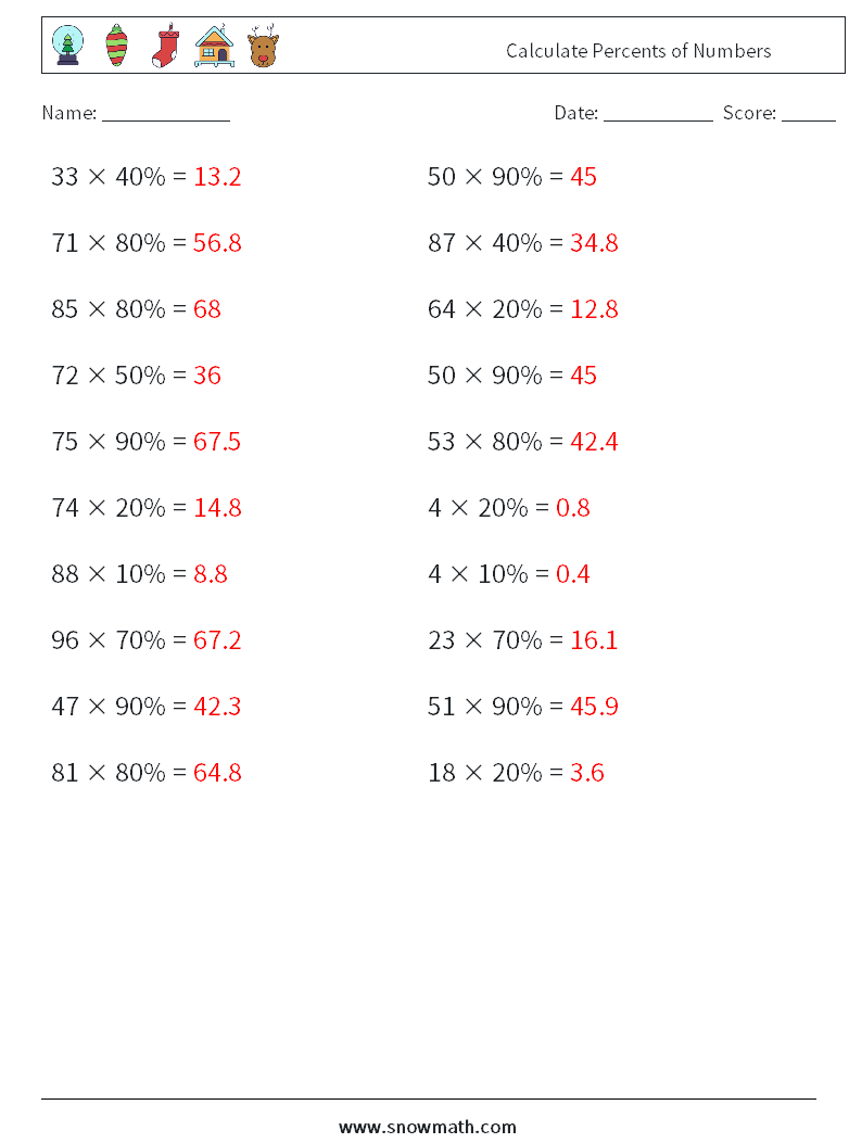 Calculate Percents of Numbers Math Worksheets 7 Question, Answer