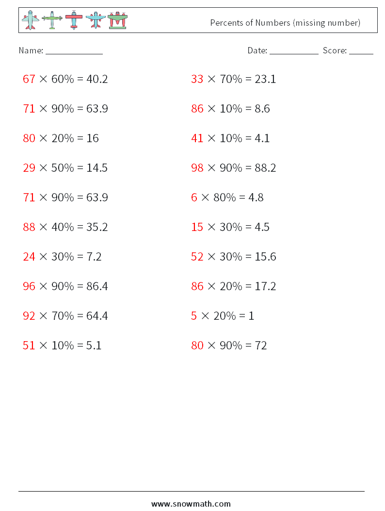 Percents of Numbers (missing number) Math Worksheets 1 Question, Answer