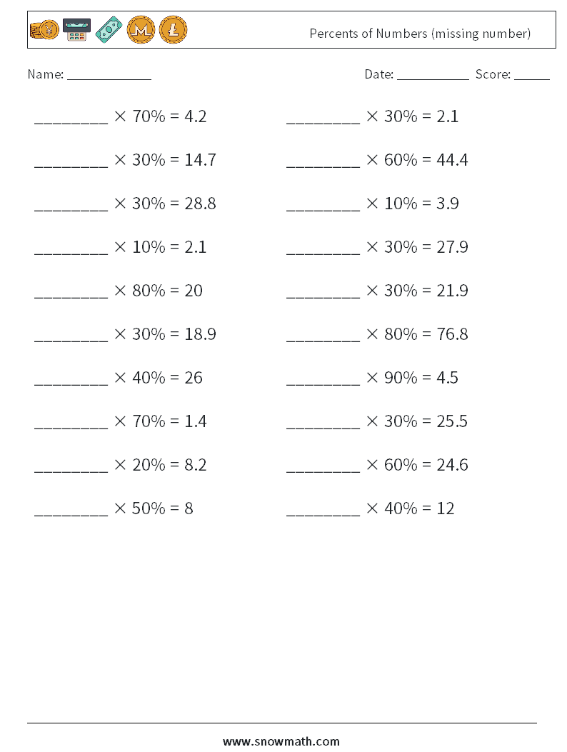Percents of Numbers (missing number) Math Worksheets 2