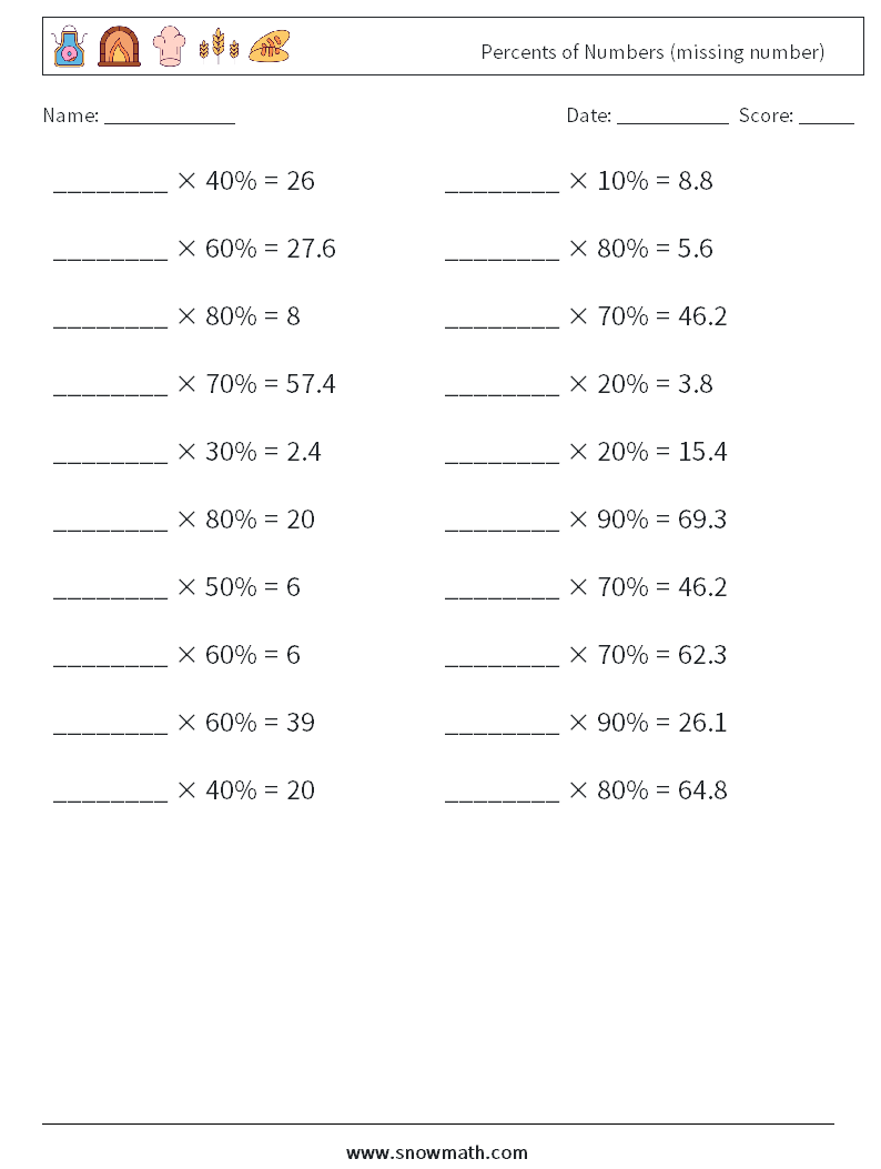 Percents of Numbers (missing number) Math Worksheets 3