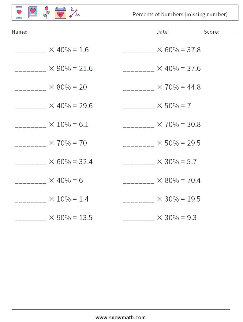 Percents of Numbers (missing number) Math Worksheets 4