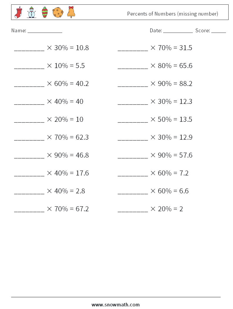 Percents of Numbers (missing number) Math Worksheets 5