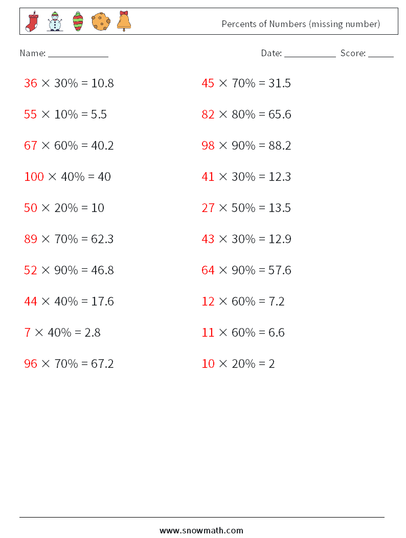 Percents of Numbers (missing number) Math Worksheets 5 Question, Answer