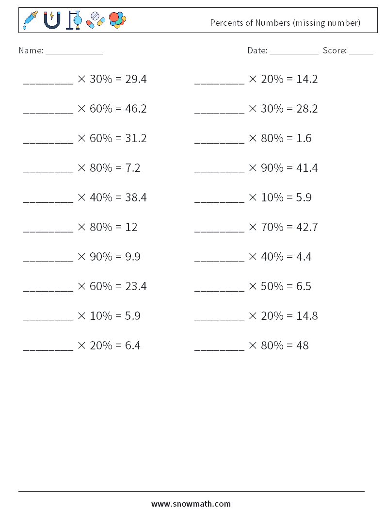 Percents of Numbers (missing number) Math Worksheets 6