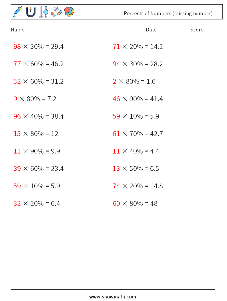 Percents of Numbers (missing number) Math Worksheets 6 Question, Answer
