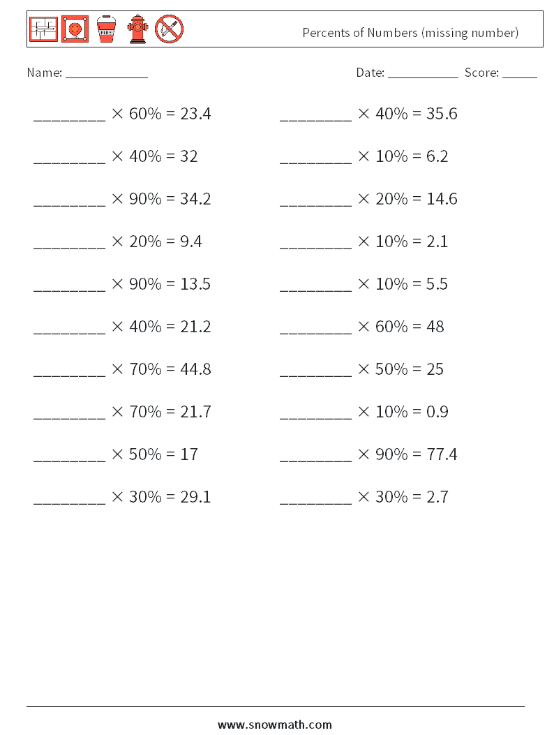 Percents of Numbers (missing number) Math Worksheets 7