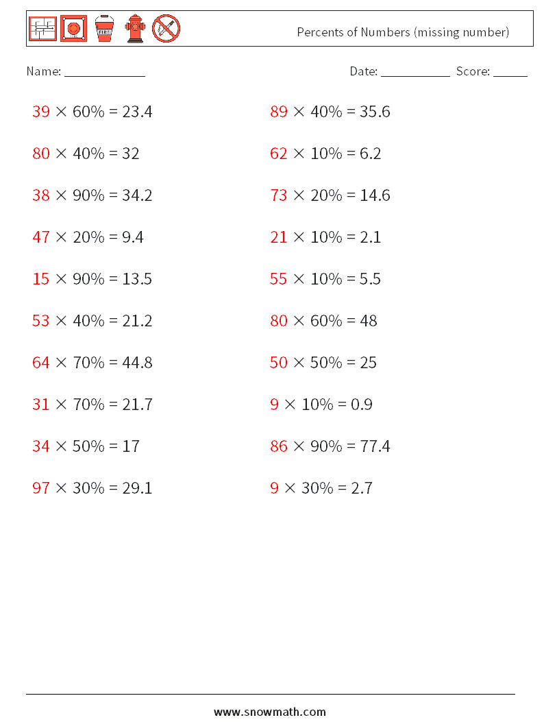 Percents of Numbers (missing number) Math Worksheets 7 Question, Answer