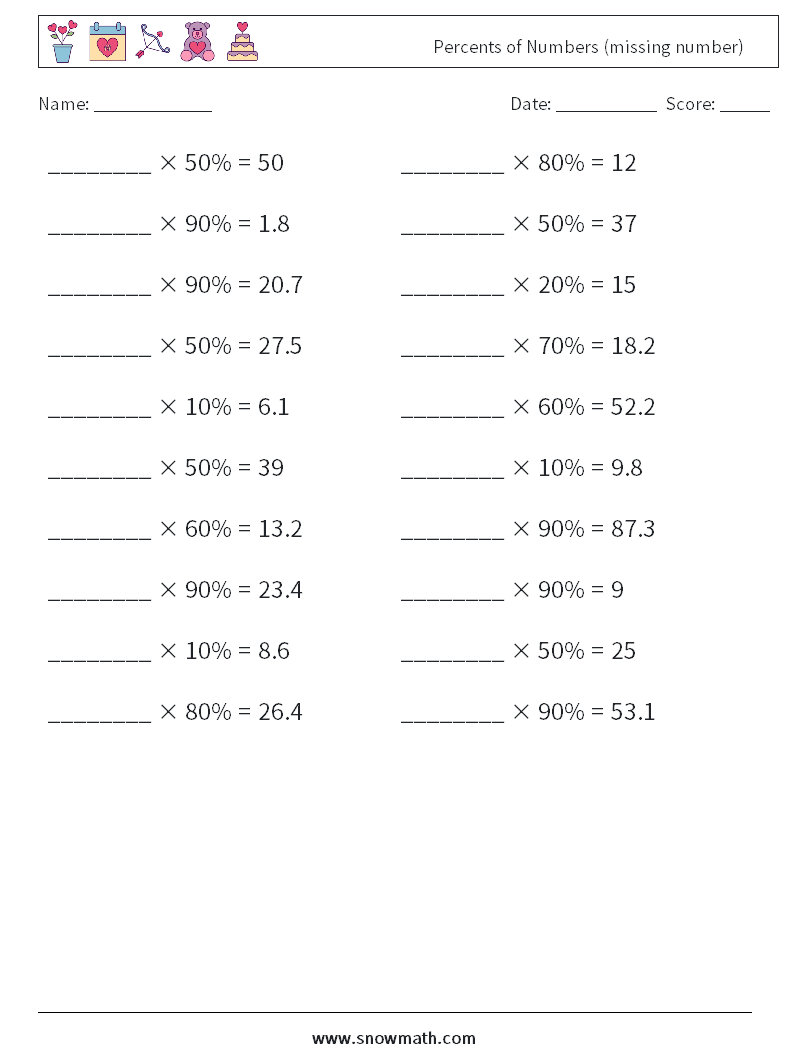 Percents of Numbers (missing number) Math Worksheets 8