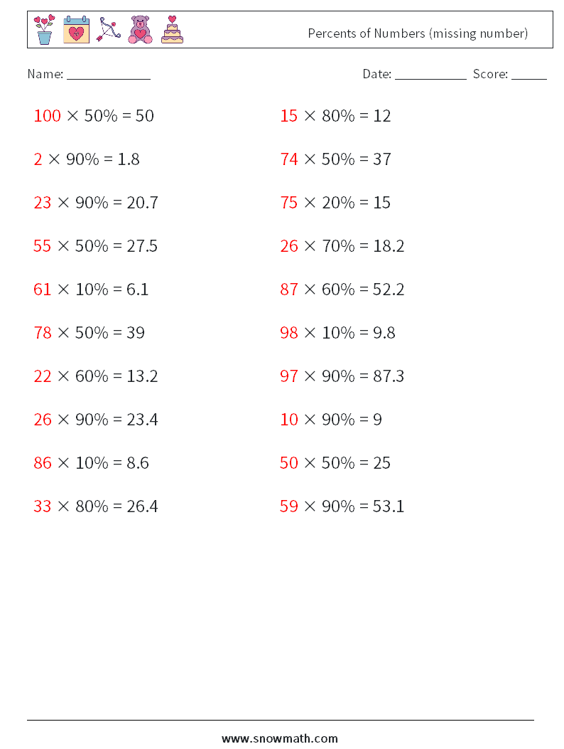 Percents of Numbers (missing number) Math Worksheets 8 Question, Answer