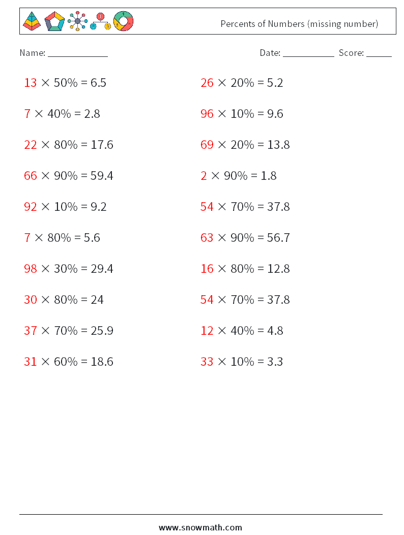 Percents of Numbers (missing number) Math Worksheets 9 Question, Answer