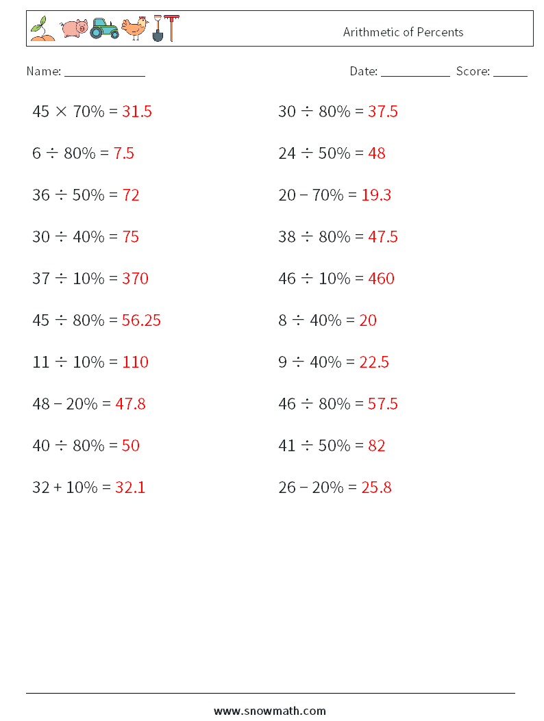 Arithmetic of Percents Math Worksheets 1 Question, Answer