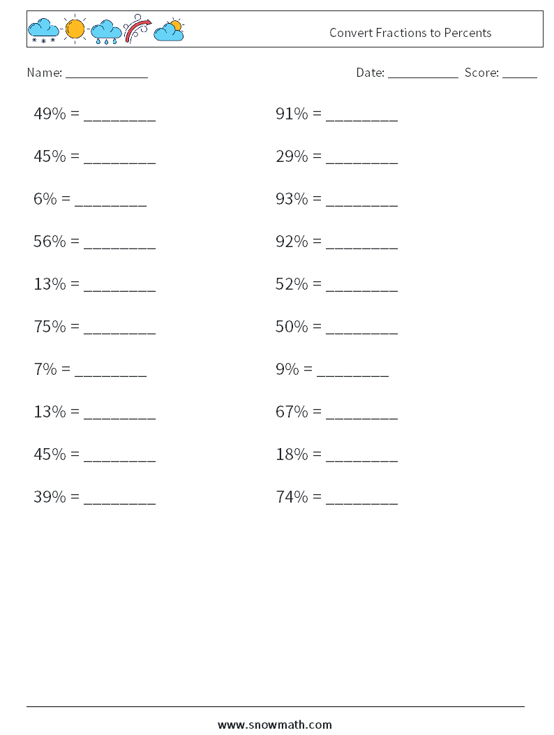 Convert Fractions to Percents Maths Worksheets 2