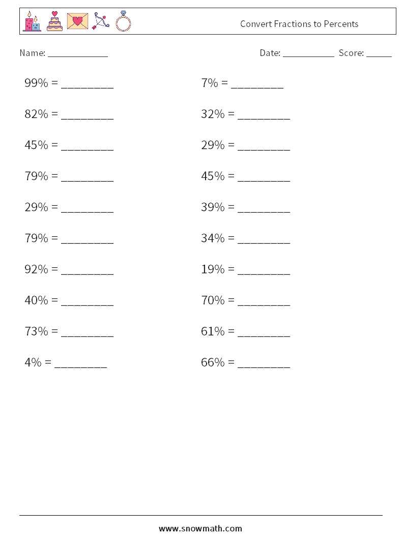 Convert Fractions to Percents Maths Worksheets 3