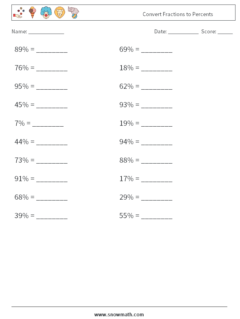 Convert Fractions to Percents Maths Worksheets 7