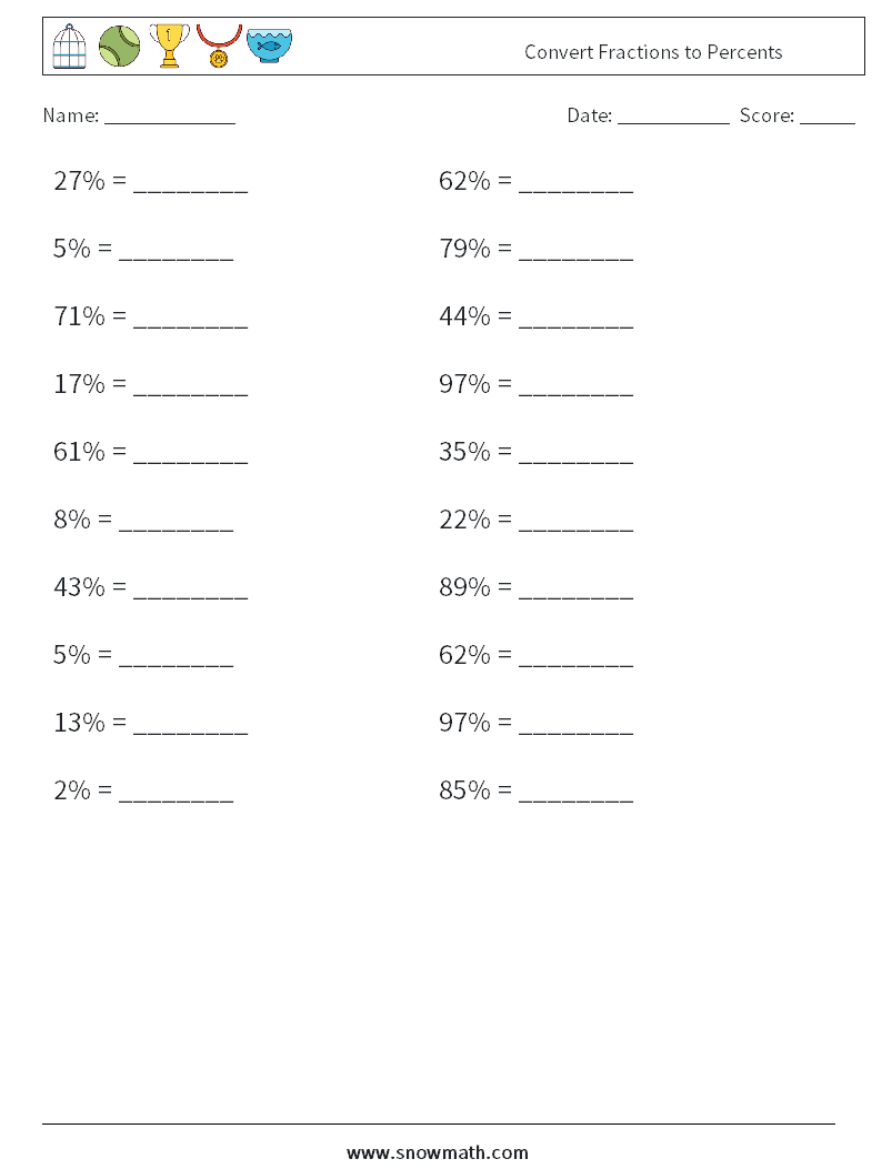 Convert Fractions to Percents Maths Worksheets 9