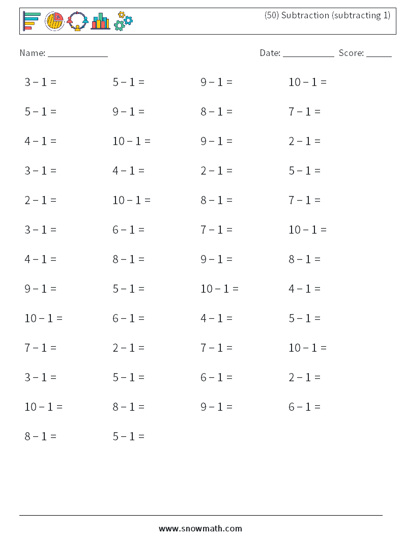 (50) Subtraction (subtracting 1) Math Worksheets 7