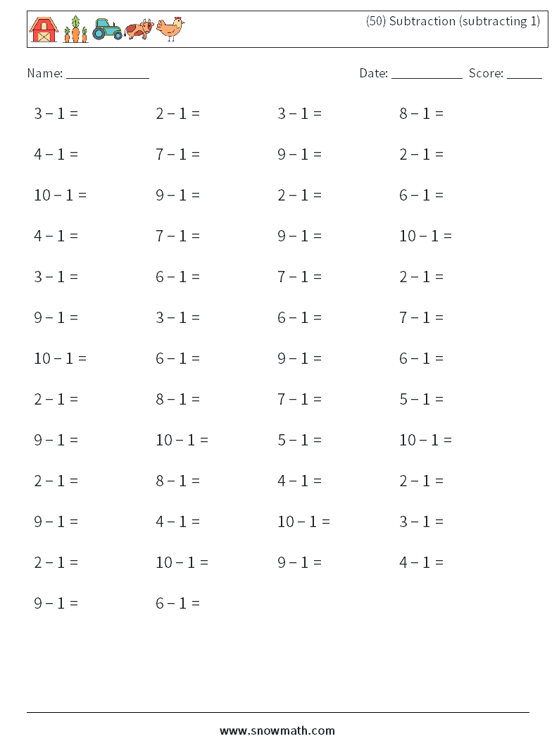 (50) Subtraction (subtracting 1) Maths Worksheets 8