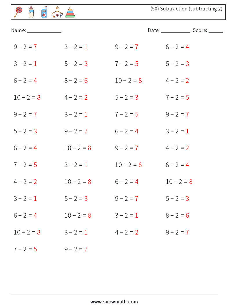(50) subtraction (subtracting 2) Math Worksheets 1Math Worksheets, Math ...